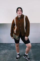 Women's or men's vintage 1960's Brent by Montgomery Ward long sleeve button up cardigan in brown with tan and cream stripes in in the front. Acrylic material, small collar.