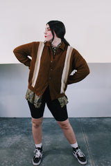 Women's or men's vintage 1960's Brent by Montgomery Ward long sleeve button up cardigan in brown with tan and cream stripes in in the front. Acrylic material, small collar.