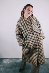 3/4 arm length brown and cream plaid wool long length button up coat vintage women's 1960's