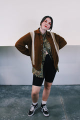 Women's or men's vintage 1960's Brent by Montgomery Ward long sleeve button up cardigan in brown with tan and cream stripes in in the front. Acrylic material, small collar.