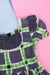 white, navy, and green 1950's western square dance dress puff sleeves knee length