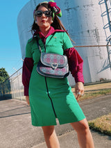 navy leather and tapestry detail 1960's vintage purse with removable strap silver hardware