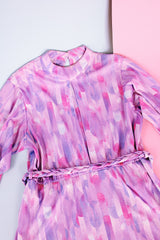 pastel purple and pink printed long sleeve midi length dress with mock neck and belt vintage 1980's