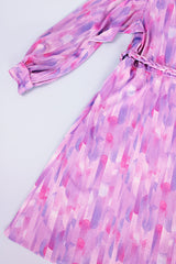 pastel purple and pink printed long sleeve midi length dress with mock neck and belt vintage 1980's