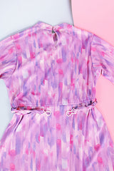 pastel purple and pink printed long sleeve midi length dress with mock neck and belt vintage 1980's