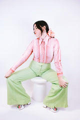 long sleeve button up blouse with collar in salmon color print vintage 1970's