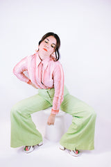 long sleeve button up blouse with collar in salmon color print vintage 1970's