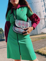 navy leather and tapestry detail 1960's vintage purse with removable strap silver hardware