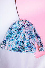 sheer blue floral print long sleeve button up blouse with collar vintage women's 1970's
