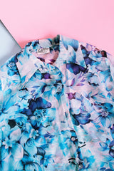 sheer blue floral print long sleeve button up blouse with collar vintage women's 1970's