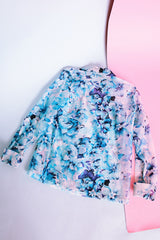 sheer blue floral print long sleeve button up blouse with collar vintage women's 1970's