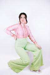 long sleeve button up blouse with collar in salmon color print vintage 1970's