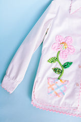 white button up cotton shirt with floral patchwork throughout vintage women's 1960's