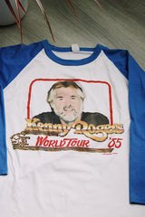 blue and white long sleeve baseball tee from 1985 Kenny Rogers world tour