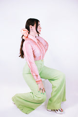 long sleeve button up blouse with collar in salmon color print vintage 1970's