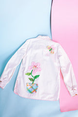 white button up cotton shirt with floral patchwork throughout vintage women's 1960's