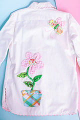 white button up cotton shirt with floral patchwork throughout vintage women's 1960's