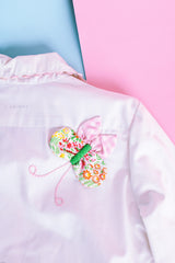 white button up cotton shirt with floral patchwork throughout vintage women's 1960's