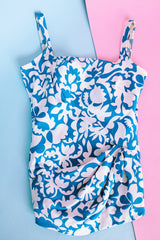 blue and white hawaiian printed one piece bathing suit vintage women's 1960's