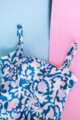 blue and white hawaiian printed one piece bathing suit vintage women's 1960's