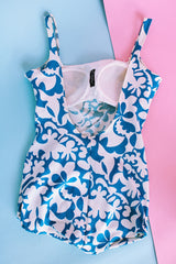 blue and white hawaiian printed one piece bathing suit vintage women's 1960's