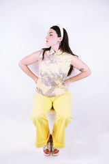 sleeveless yellow half zip blouse with grey dragon print 1970's vintage women's