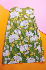 sleeveless knee length shift dress green with white floral print vintage 1970's