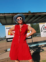 sleeveless red romper in cotton buttons up the front pointy collar vintage 1970's