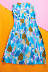 sleeveless vintage 1960's shift dress blue abstract print knee length linen