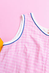 sleeveless knee length light pink with white checkered house dress zips up the front vintage 1970's