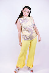 sleeveless yellow half zip blouse with grey dragon print 1970's vintage women's