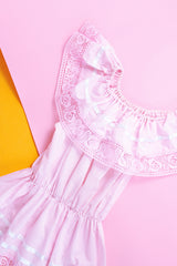 pale pink vintage off the shoulder midi length dress with embroidered flowers and lace and ribbon details