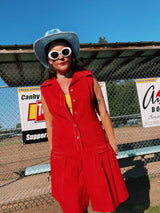 sleeveless red romper in cotton buttons up the front pointy collar vintage 1970's