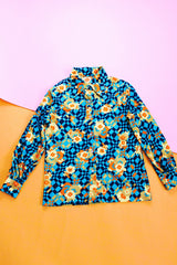 long sleeve button up blouse with collar in blue orange and yellow floral print vintage 1970's