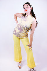 sleeveless yellow half zip blouse with grey dragon print 1970's vintage women's