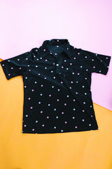 short sleeve black polyester half button shirt with collar with blue and pink square print