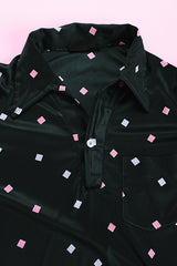 short sleeve black polyester half button shirt with collar with blue and pink square print