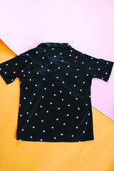 short sleeve black polyester half button shirt with collar with blue and pink square print