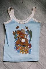spaghetti strap cotton tank top in baby blue with ms. river rat graphic vintage 1972