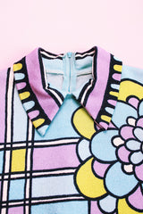 long sleeve purple and blue abstract printed blouse with collar and zipper in the back women's vintage 1960's