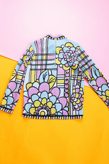 long sleeve purple and blue abstract printed blouse with collar and zipper in the back women's vintage 1960's