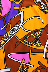 long sleeve printed polyester blouse vintage women's 1960's brown orange black abstract print