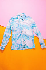 long sleeve blue abstract print button up collared blouse vintage women's 1970's