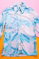 long sleeve blue abstract print button up collared blouse vintage women's 1970's