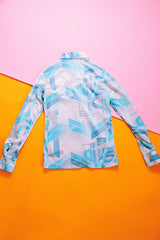 long sleeve blue abstract print button up collared blouse vintage women's 1970's