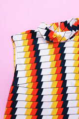 sleeveless mock neck polyester chevron print vintage 1970's blouse in white orange navy yellow
