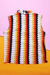 sleeveless mock neck polyester chevron print vintage 1970's blouse in white orange navy yellow