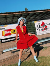 sleeveless red romper in cotton buttons up the front pointy collar vintage 1970's