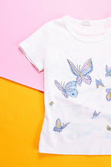 short sleeve white polyester tee top with butterfly and clouds graphic vintage women's 1970's