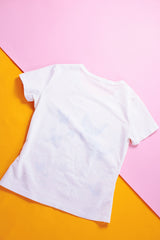 short sleeve white polyester tee top with butterfly and clouds graphic vintage women's 1970's